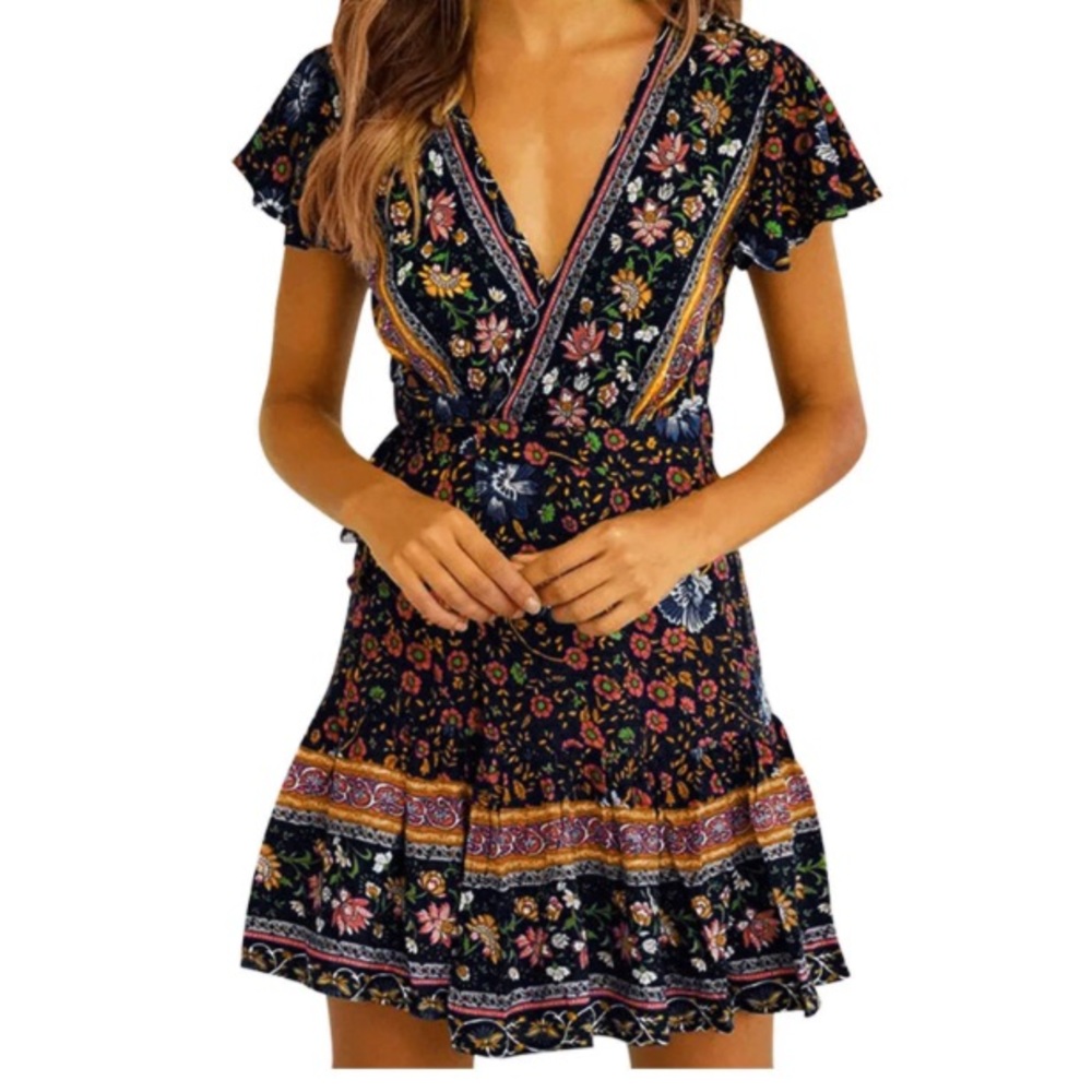 Cupshe Floral Boho Wrap Dress Swim Cover Up Black